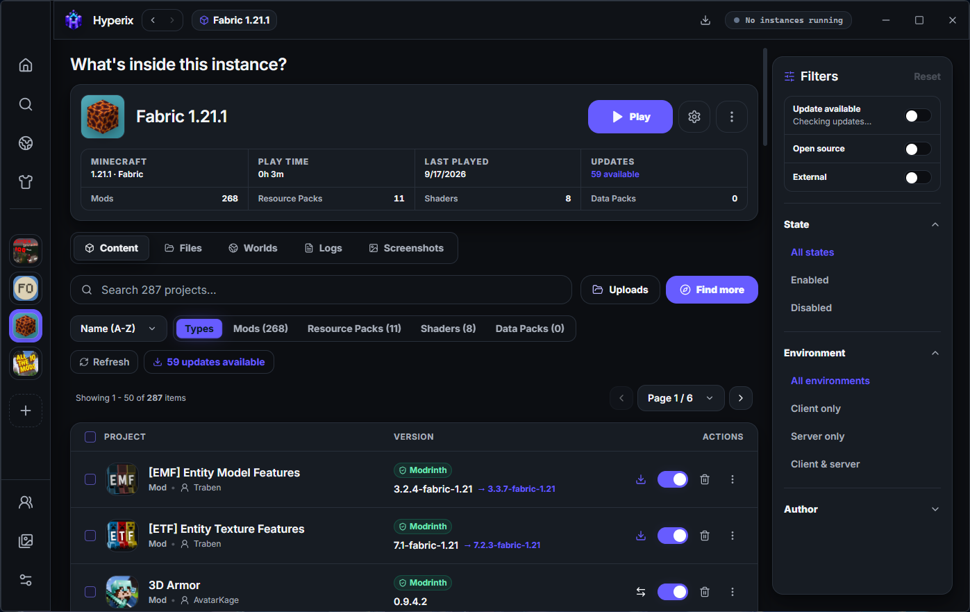 Hyperix instance detail screen with installed content controls