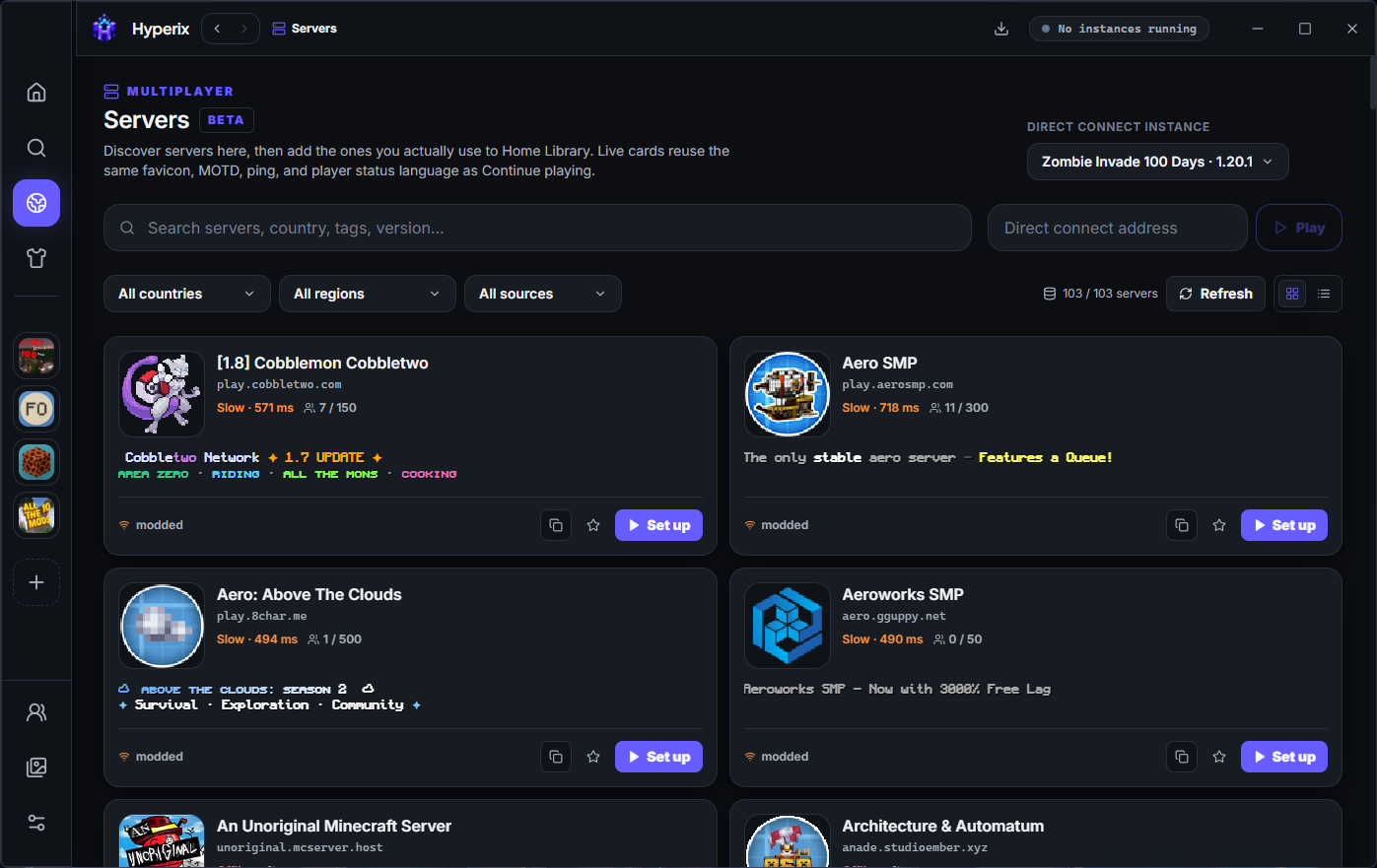Hyperix multiplayer servers list with ping indicators